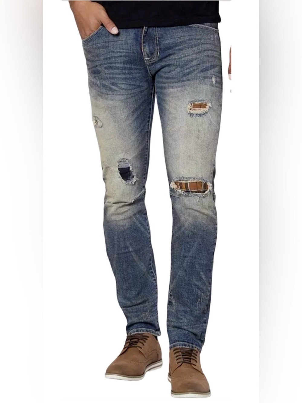 NEW SMOKE RISE ALLEBL PLAID DESTRUCTED TAPER STRETCH JEANS SZ 28 28x32 BUCKLE
